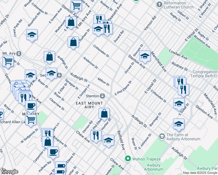 map of restaurants, bars, coffee shops, grocery stores, and more near 6817 Milton Street in Philadelphia
