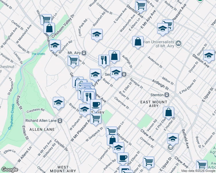 map of restaurants, bars, coffee shops, grocery stores, and more near 7133 Boyer Street in Philadelphia