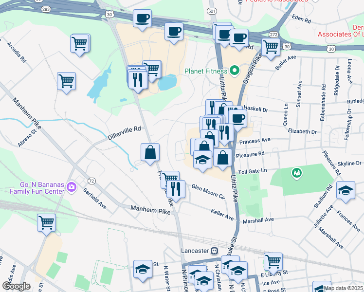 map of restaurants, bars, coffee shops, grocery stores, and more near 126 Glen Moore Circle in Lancaster