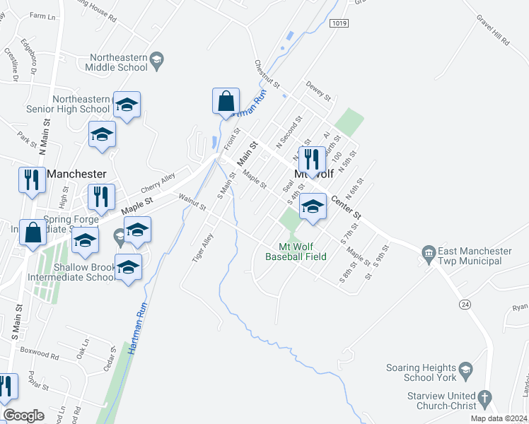 map of restaurants, bars, coffee shops, grocery stores, and more near 116 South Third Street in Manchester