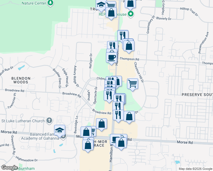 map of restaurants, bars, coffee shops, grocery stores, and more near 5195 Chilmark Drive in Columbus