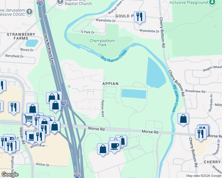 map of restaurants, bars, coffee shops, grocery stores, and more near 4391 Appian Way East in Gahanna