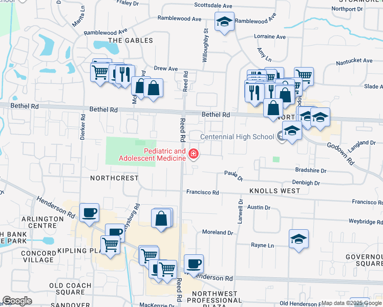 map of restaurants, bars, coffee shops, grocery stores, and more near 5125 Delancey Street in Columbus
