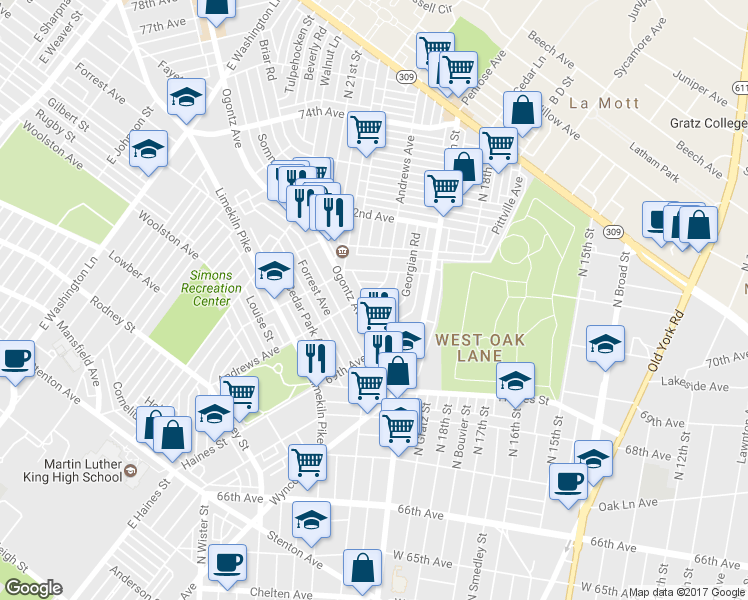map of restaurants, bars, coffee shops, grocery stores, and more near 7007 Andrews Avenue in Philadelphia