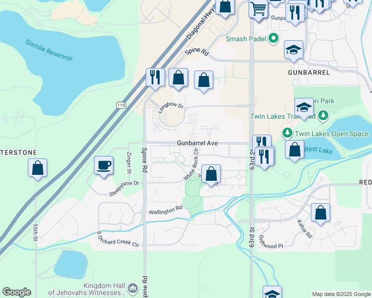 map of restaurants, bars, coffee shops, grocery stores, and more near 6125 Gunbarrel Avenue in Boulder