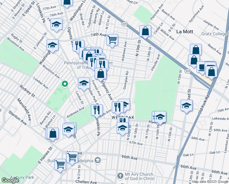 map of restaurants, bars, coffee shops, grocery stores, and more near 7007 Andrews Avenue in Philadelphia