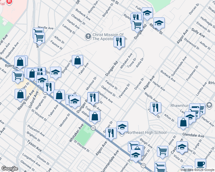 map of restaurants, bars, coffee shops, grocery stores, and more near 1330 Faunce Street in Philadelphia
