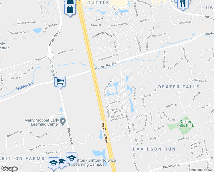 map of restaurants, bars, coffee shops, grocery stores, and more near 5452 Monticello Hall Drive in Columbus