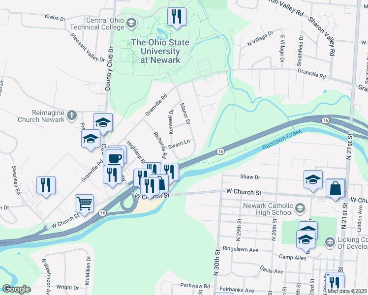 map of restaurants, bars, coffee shops, grocery stores, and more near 1106 Swern Lane in Newark