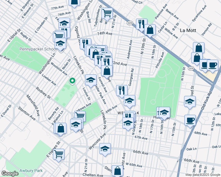 map of restaurants, bars, coffee shops, grocery stores, and more near 7008 Ogontz Avenue in Philadelphia