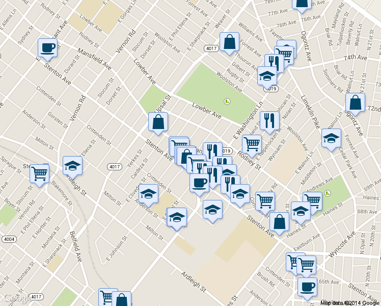 map of restaurants, bars, coffee shops, grocery stores, and more near 1425 East Johnson Street in Philadelphia