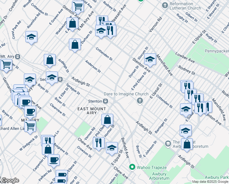 map of restaurants, bars, coffee shops, grocery stores, and more near 625 Vernon Road in Philadelphia