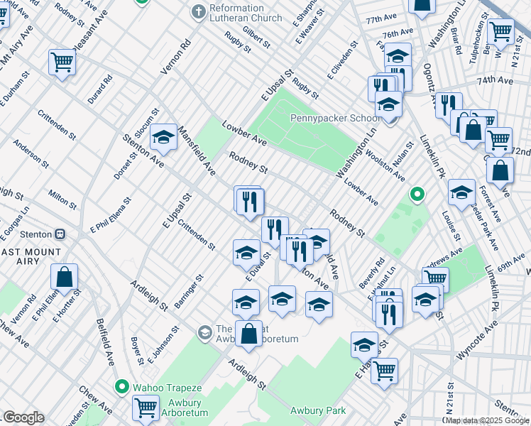 map of restaurants, bars, coffee shops, grocery stores, and more near 1425 East Johnson Street in Philadelphia