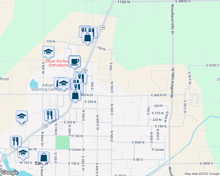 map of restaurants, bars, coffee shops, grocery stores, and more near 453 North 500 East in Salem