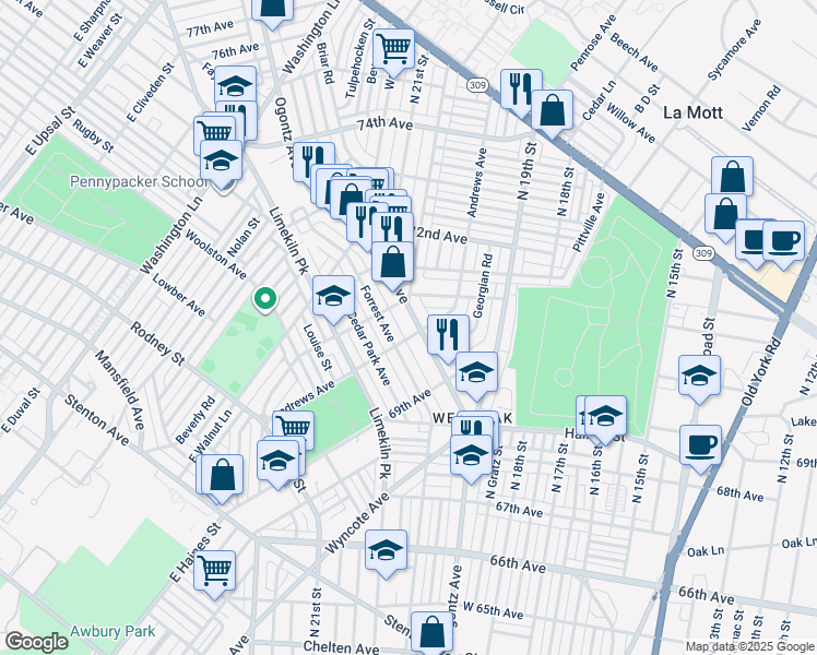 map of restaurants, bars, coffee shops, grocery stores, and more near 7008 Ogontz Avenue in Philadelphia