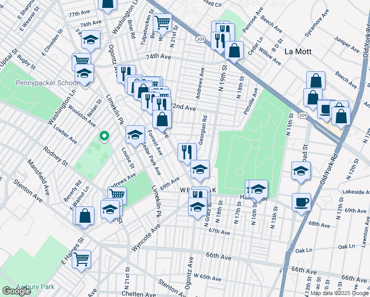 map of restaurants, bars, coffee shops, grocery stores, and more near 7009 Andrews Avenue in Philadelphia