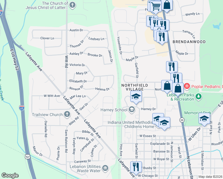 map of restaurants, bars, coffee shops, grocery stores, and more near 1116 Helena Drive in Lebanon