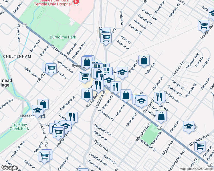 map of restaurants, bars, coffee shops, grocery stores, and more near 1001 Cottman Avenue in Philadelphia