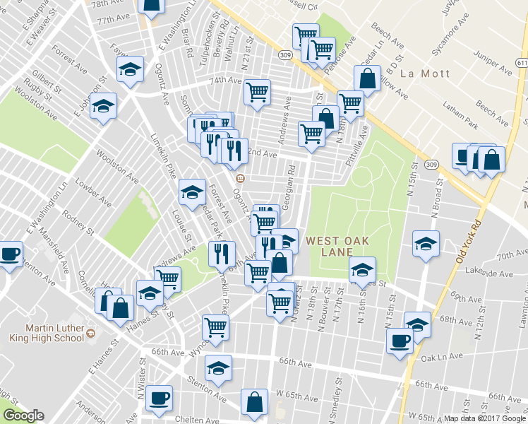 map of restaurants, bars, coffee shops, grocery stores, and more near 7011 Andrews Avenue in Philadelphia