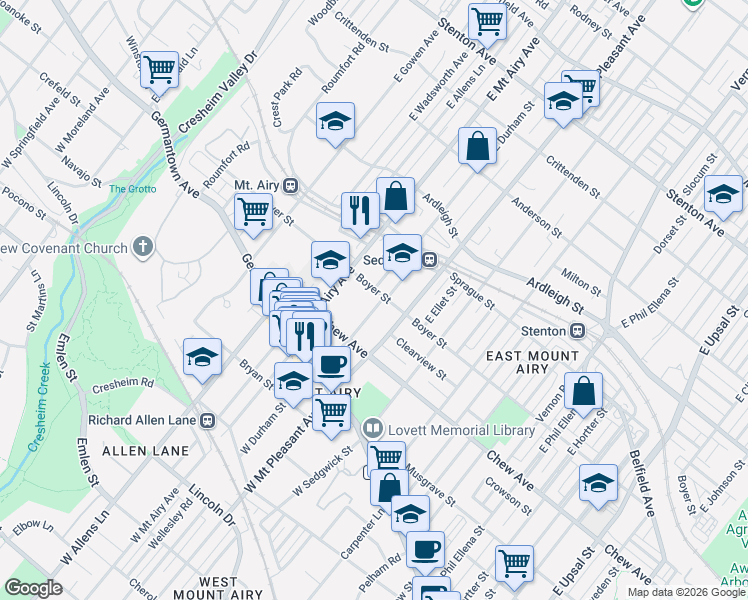map of restaurants, bars, coffee shops, grocery stores, and more near 145 East Durham Street in Philadelphia