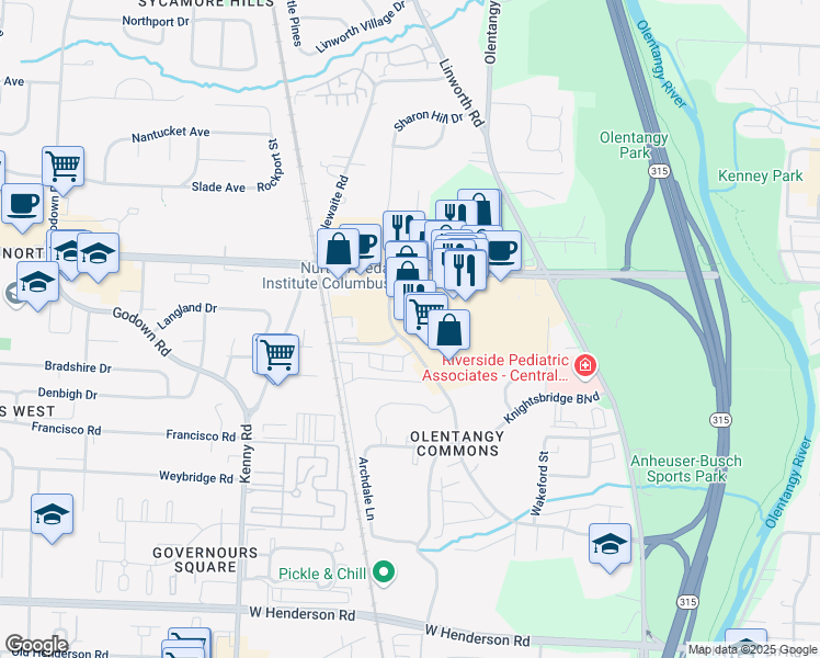 map of restaurants, bars, coffee shops, grocery stores, and more near 747 Bethel Road in Columbus