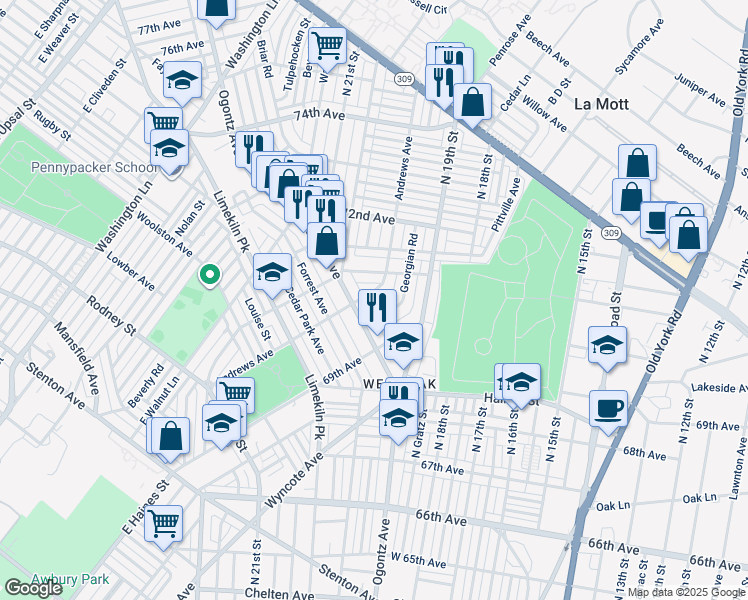 map of restaurants, bars, coffee shops, grocery stores, and more near 7011 Andrews Avenue in Philadelphia