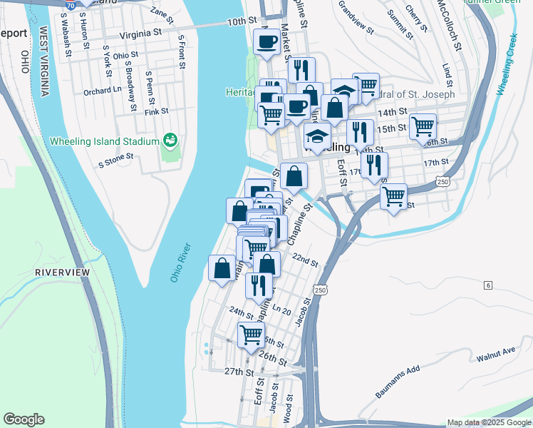 map of restaurants, bars, coffee shops, grocery stores, and more near 2110 Main Street in Wheeling