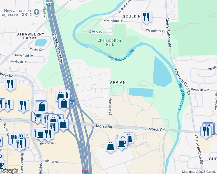 map of restaurants, bars, coffee shops, grocery stores, and more near 4334 Appian Way West in Columbus