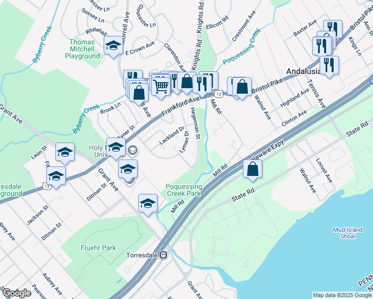 map of restaurants, bars, coffee shops, grocery stores, and more near 4255 Lyman Drive in Philadelphia