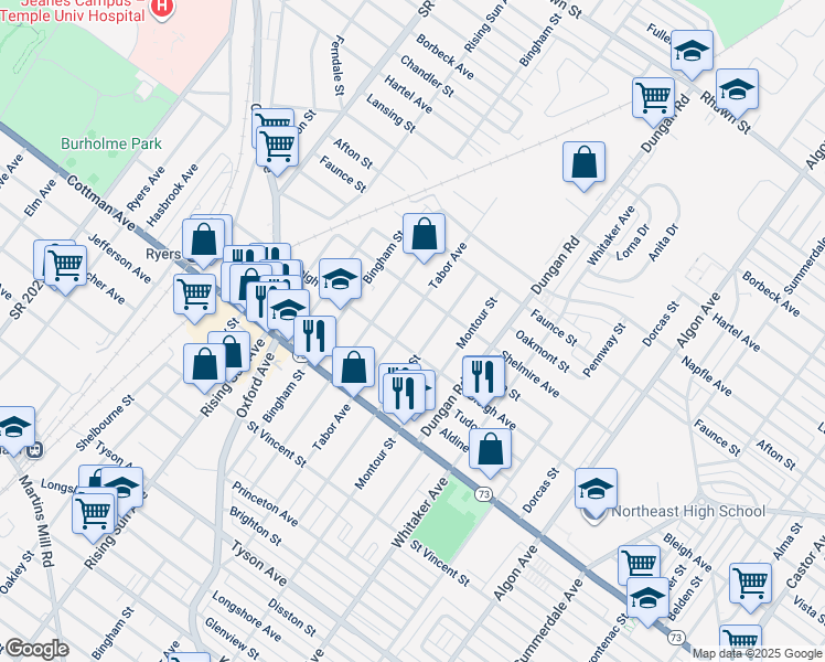 map of restaurants, bars, coffee shops, grocery stores, and more near 7413 Tabor Avenue in Philadelphia