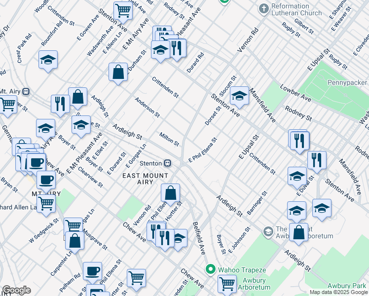 map of restaurants, bars, coffee shops, grocery stores, and more near 614 Vernon Road in Philadelphia