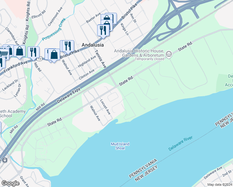 map of restaurants, bars, coffee shops, grocery stores, and more near 842 Village Lane in Bensalem