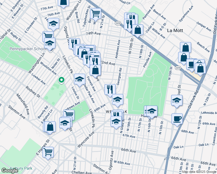map of restaurants, bars, coffee shops, grocery stores, and more near 7009 Andrews Avenue in Philadelphia