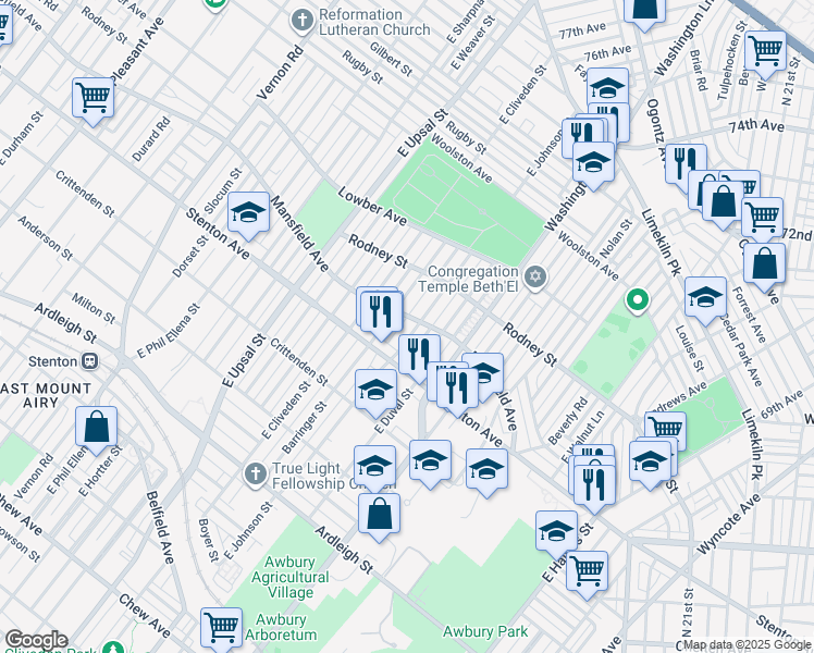 map of restaurants, bars, coffee shops, grocery stores, and more near 1500 Barringer Street in Philadelphia