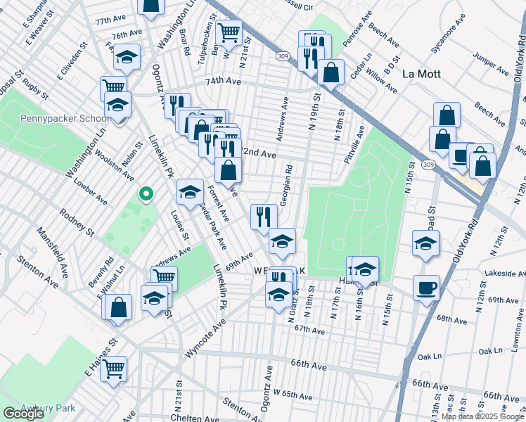 map of restaurants, bars, coffee shops, grocery stores, and more near 7013 Andrews Avenue in Philadelphia