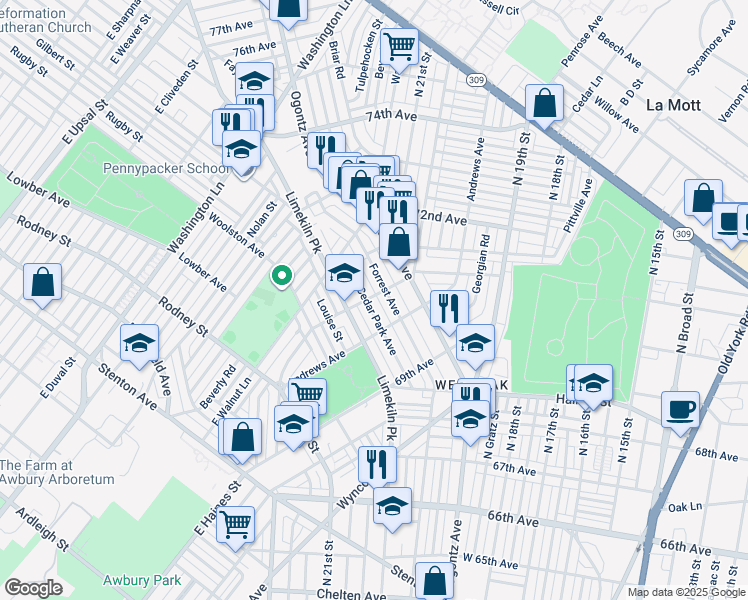 map of restaurants, bars, coffee shops, grocery stores, and more near 7039 Cedar Park Avenue in Philadelphia