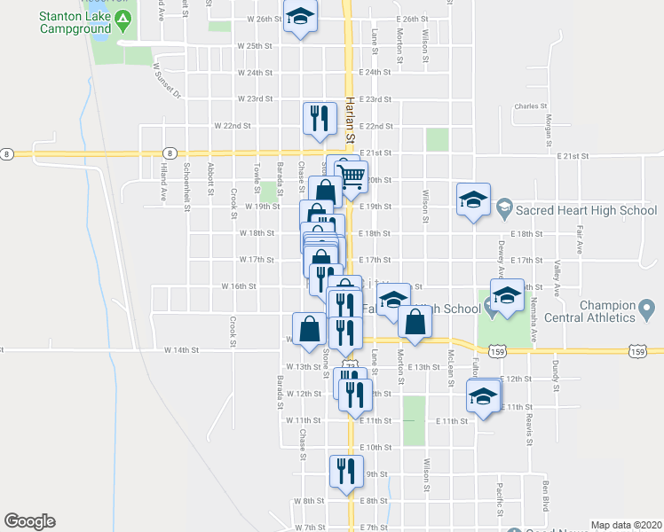 map of restaurants, bars, coffee shops, grocery stores, and more near 100 East 17th Street in Falls City