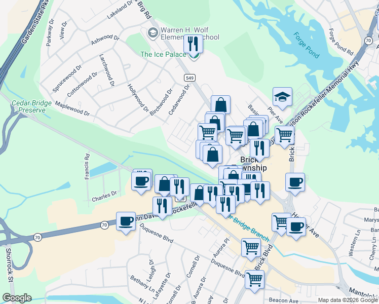 map of restaurants, bars, coffee shops, grocery stores, and more near in Brick Township