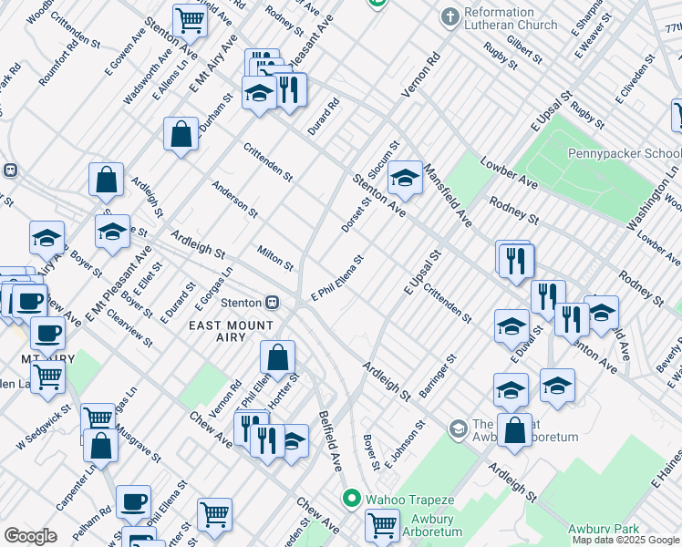 map of restaurants, bars, coffee shops, grocery stores, and more near 6703 Anderson Street in Philadelphia