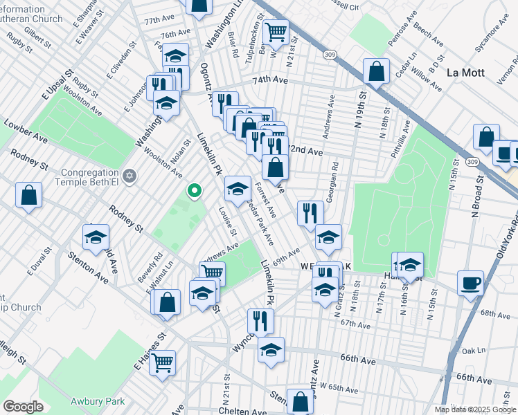 map of restaurants, bars, coffee shops, grocery stores, and more near 7050 Forrest Avenue in Philadelphia