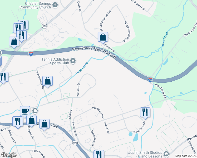 map of restaurants, bars, coffee shops, grocery stores, and more near 222 Autumn Drive in Exton