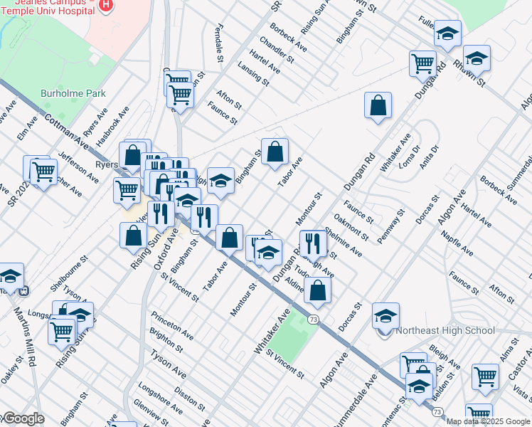 map of restaurants, bars, coffee shops, grocery stores, and more near 7413 Tabor Avenue in Philadelphia