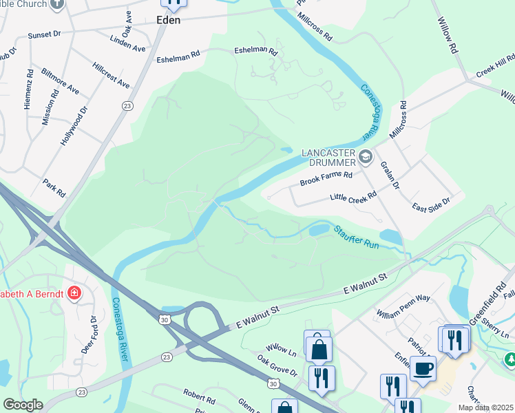 map of restaurants, bars, coffee shops, grocery stores, and more near 250 Brook Farms Road in Lancaster