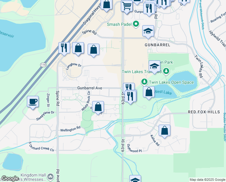 map of restaurants, bars, coffee shops, grocery stores, and more near 6255 Habitat Drive in Boulder