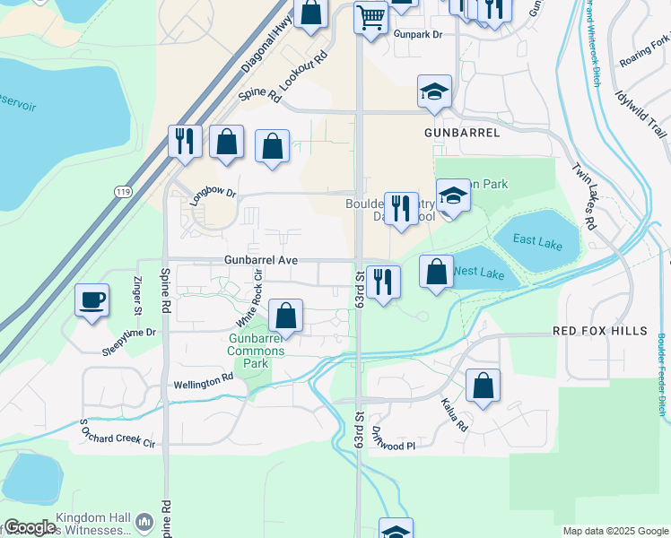 map of restaurants, bars, coffee shops, grocery stores, and more near 6215-6299 Gunbarrel Avenue in Boulder