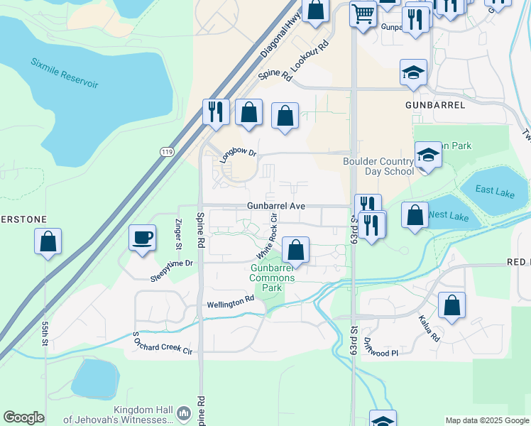 map of restaurants, bars, coffee shops, grocery stores, and more near 6125 Gunbarrel Avenue in Boulder