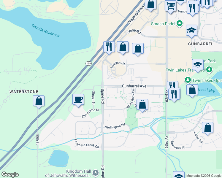 map of restaurants, bars, coffee shops, grocery stores, and more near 5920 Longbow Drive in Boulder