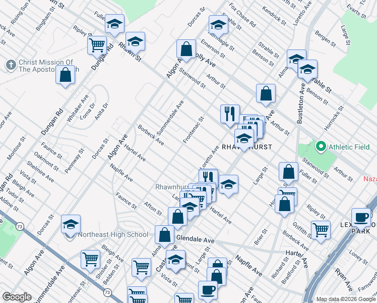 map of restaurants, bars, coffee shops, grocery stores, and more near 7916 Frontenac Street in Philadelphia