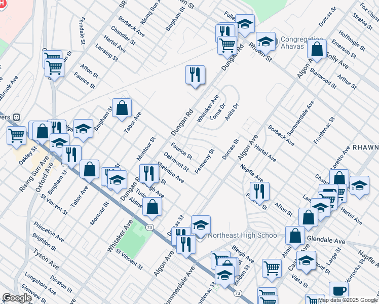 map of restaurants, bars, coffee shops, grocery stores, and more near 1409 Faunce Street in Philadelphia