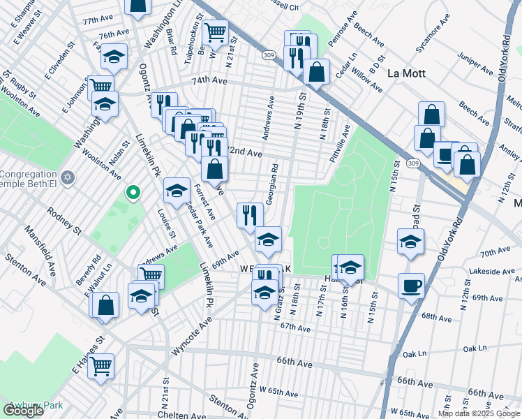 map of restaurants, bars, coffee shops, grocery stores, and more near 1950 71st Avenue in Philadelphia